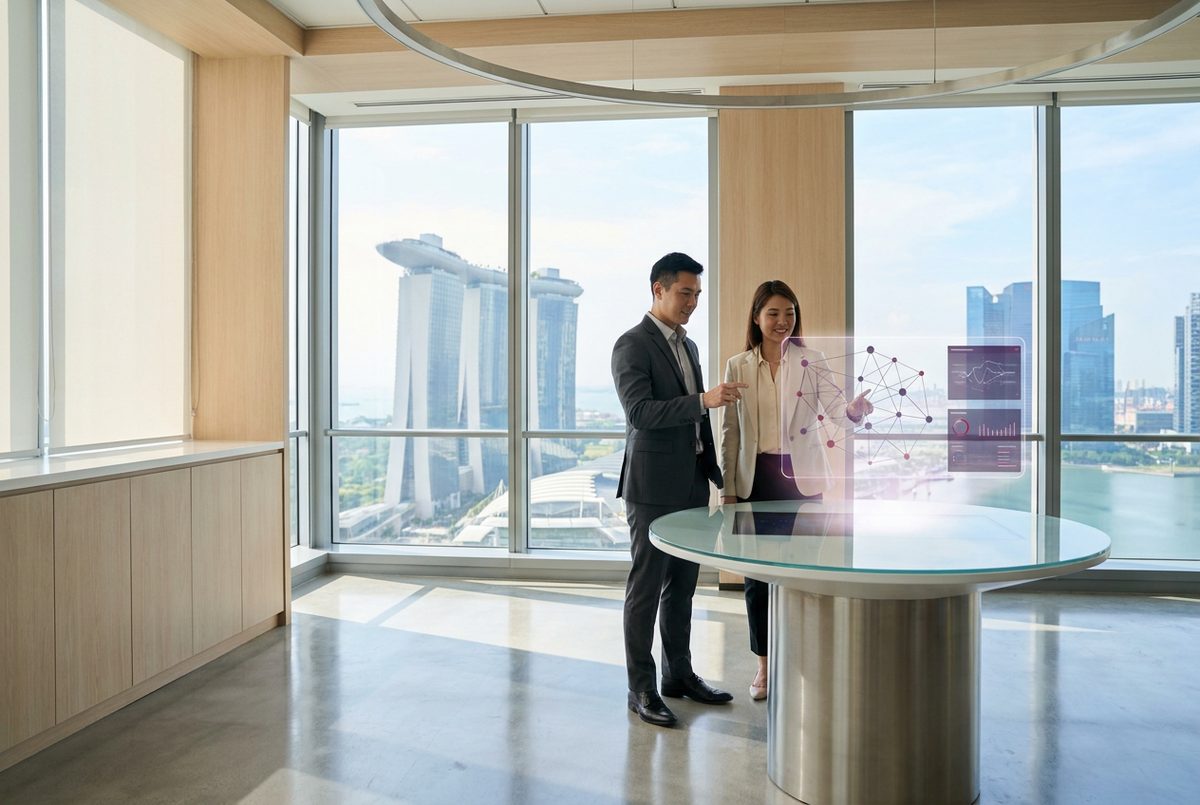 Two CWG Innovations colleagues reviewing a live AI network visualisation in a Marina Bay office