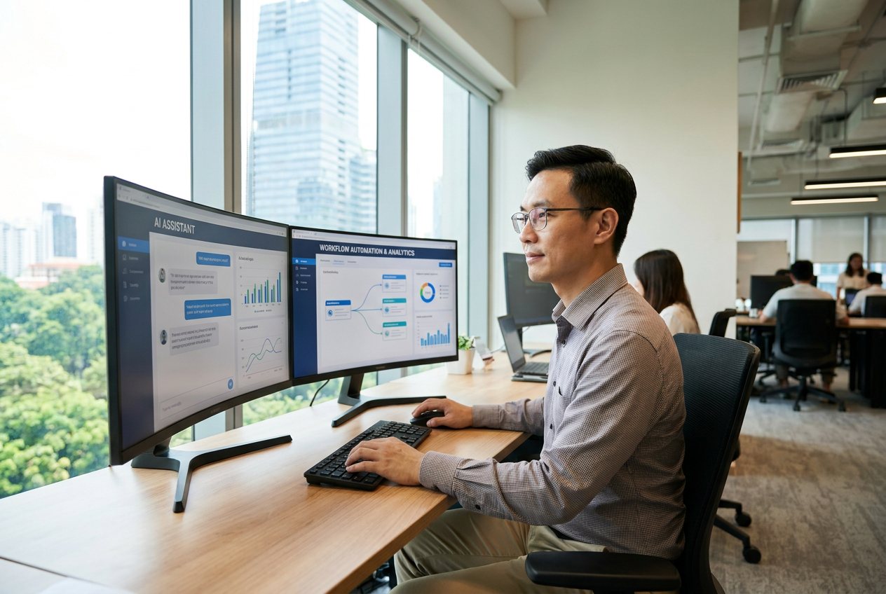 A knowledge worker running AI agents and live analytics across two monitors in a modern Singapore office