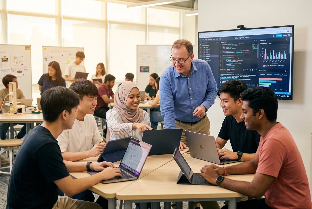 Students from different disciplines building AI solutions with a lecturer in a Singapore university lab