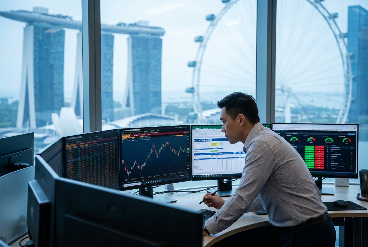 A financial analyst reviewing investment and market analytics on multiple screens in a Singapore office