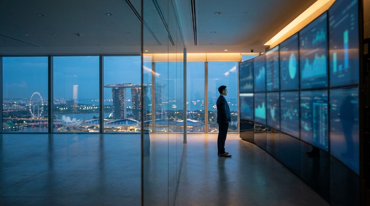 A leader reviewing live AI dashboards on a video wall, overlooking the Marina Bay skyline in Singapore