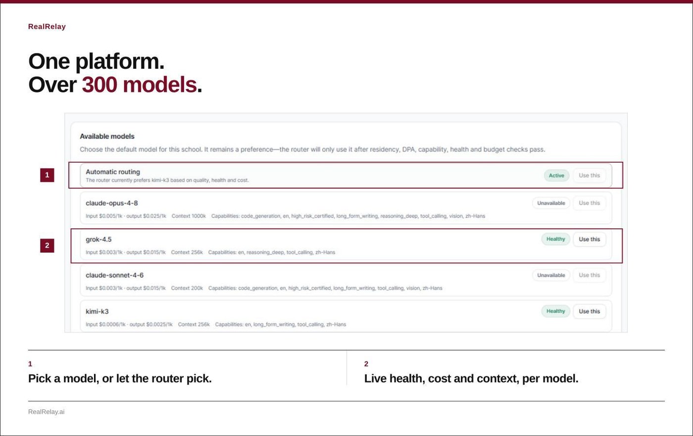 RealRelay interface: one platform with over 300 AI models, automatic routing, and live health, cost and context per model