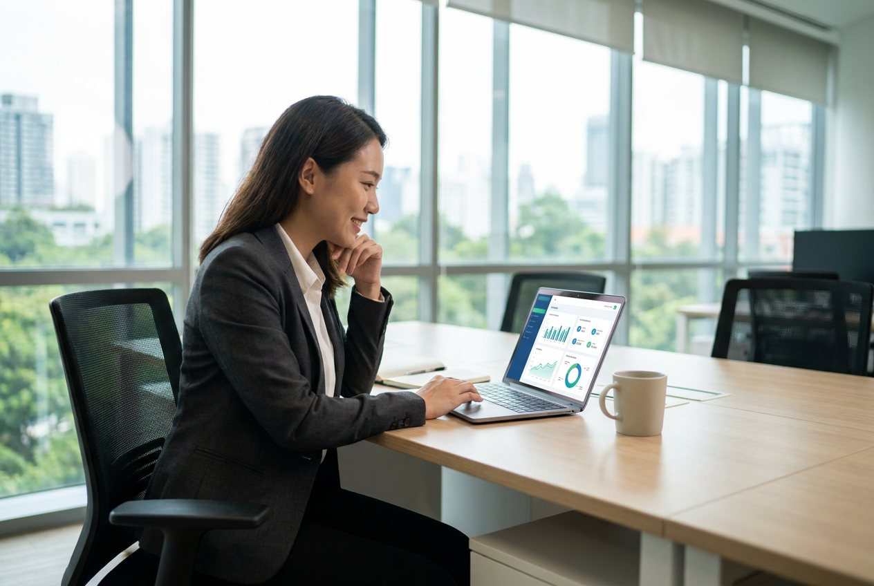 A professional reviewing a single unified analytics dashboard on a laptop in a bright Singapore office