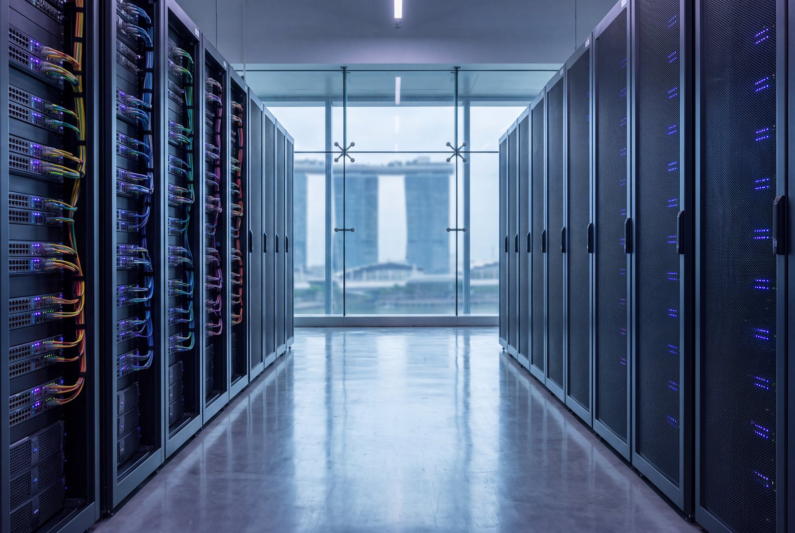 A secure data centre in Singapore, server rows with the Marina Bay skyline beyond