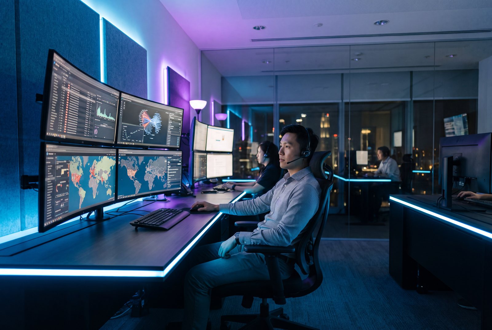 Analysts monitoring live threat maps and telemetry in a security operations centre