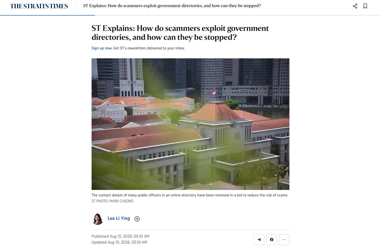 The Straits Times — ST Explains: How do scammers exploit government directories, and how can they be stopped? (15 August 2026), featuring Aaron Ang of CWG Innovations