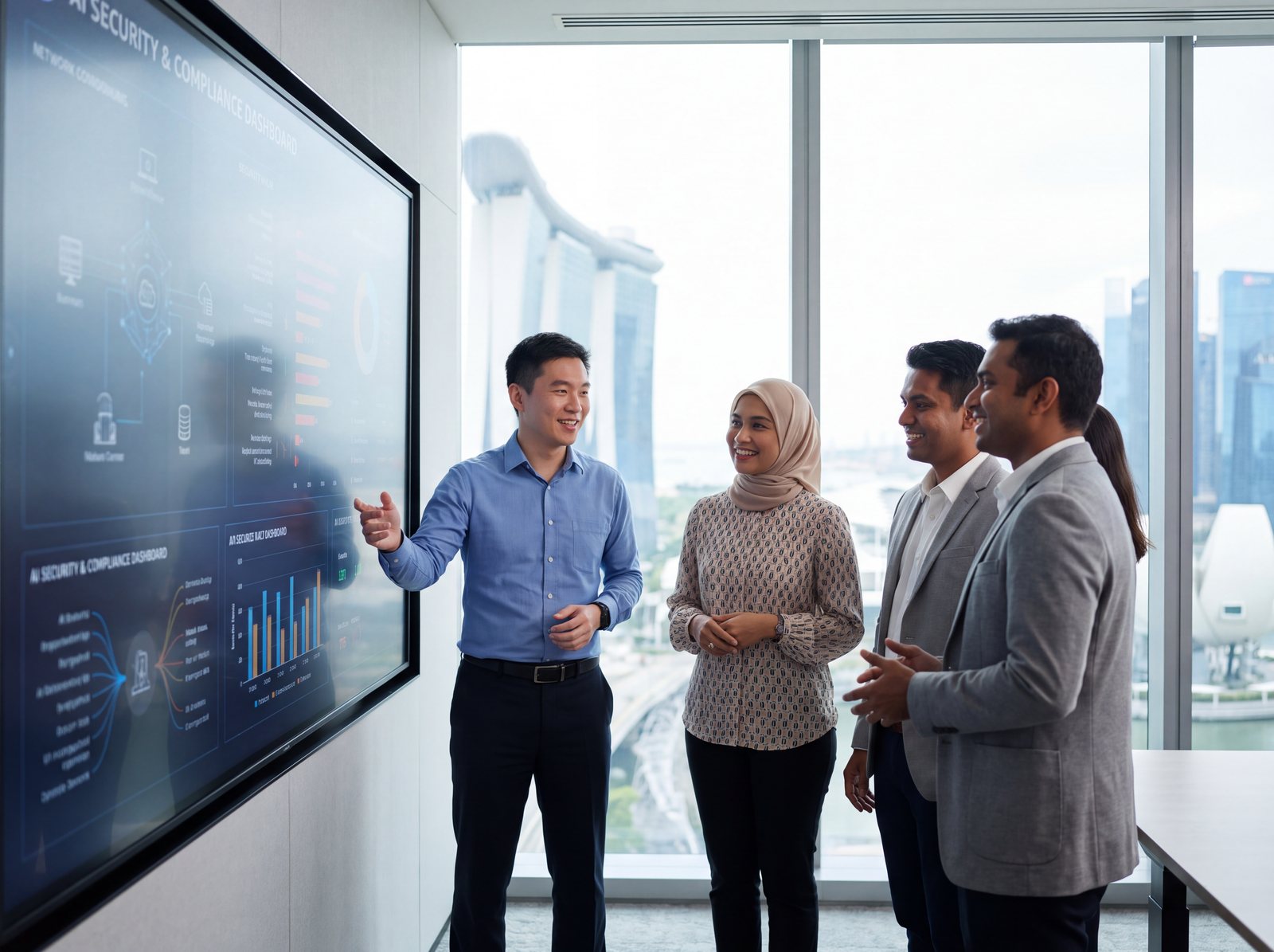 A Singaporean team reviewing AI security and compliance dashboards in a Marina Bay office