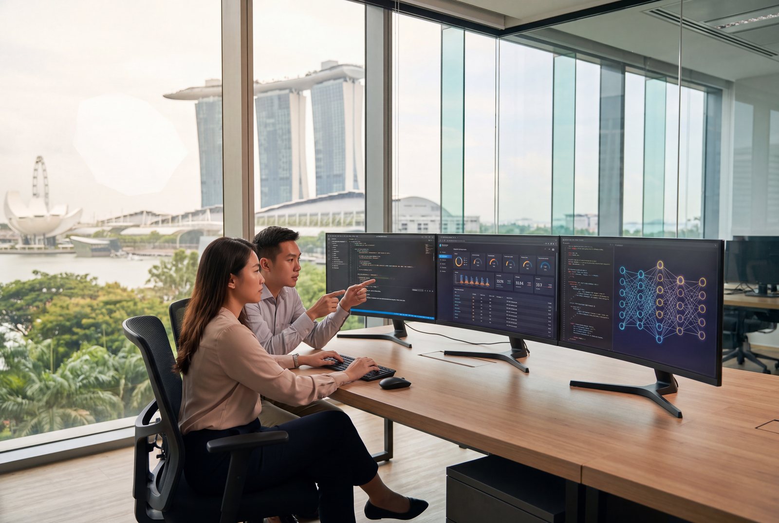 AI engineers in Singapore reviewing code and model visualisations, with the Marina Bay skyline beyond